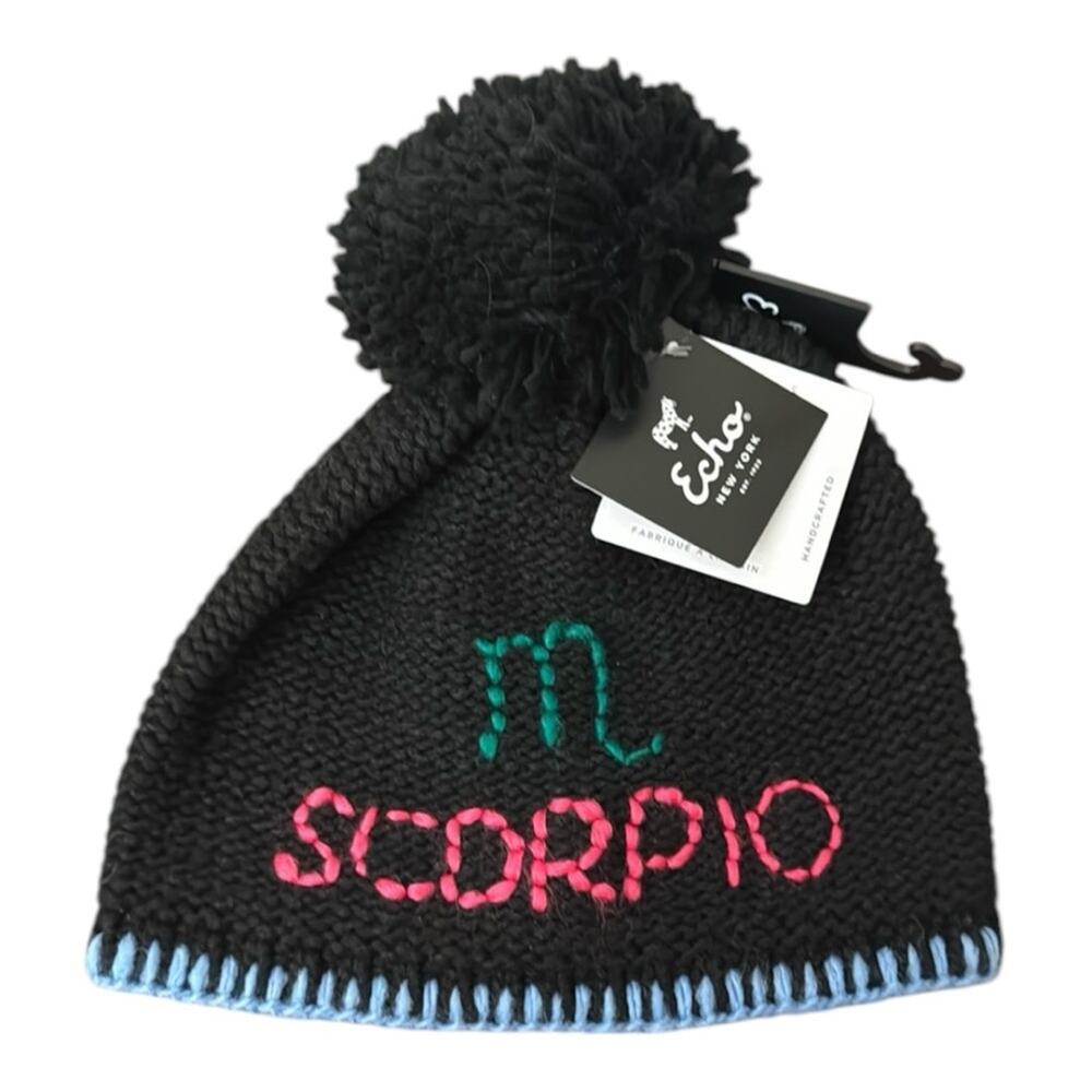New Echo Wool Blend Scorpio Zodiac Pom Pom Beanie Black Colorful Ski Retro